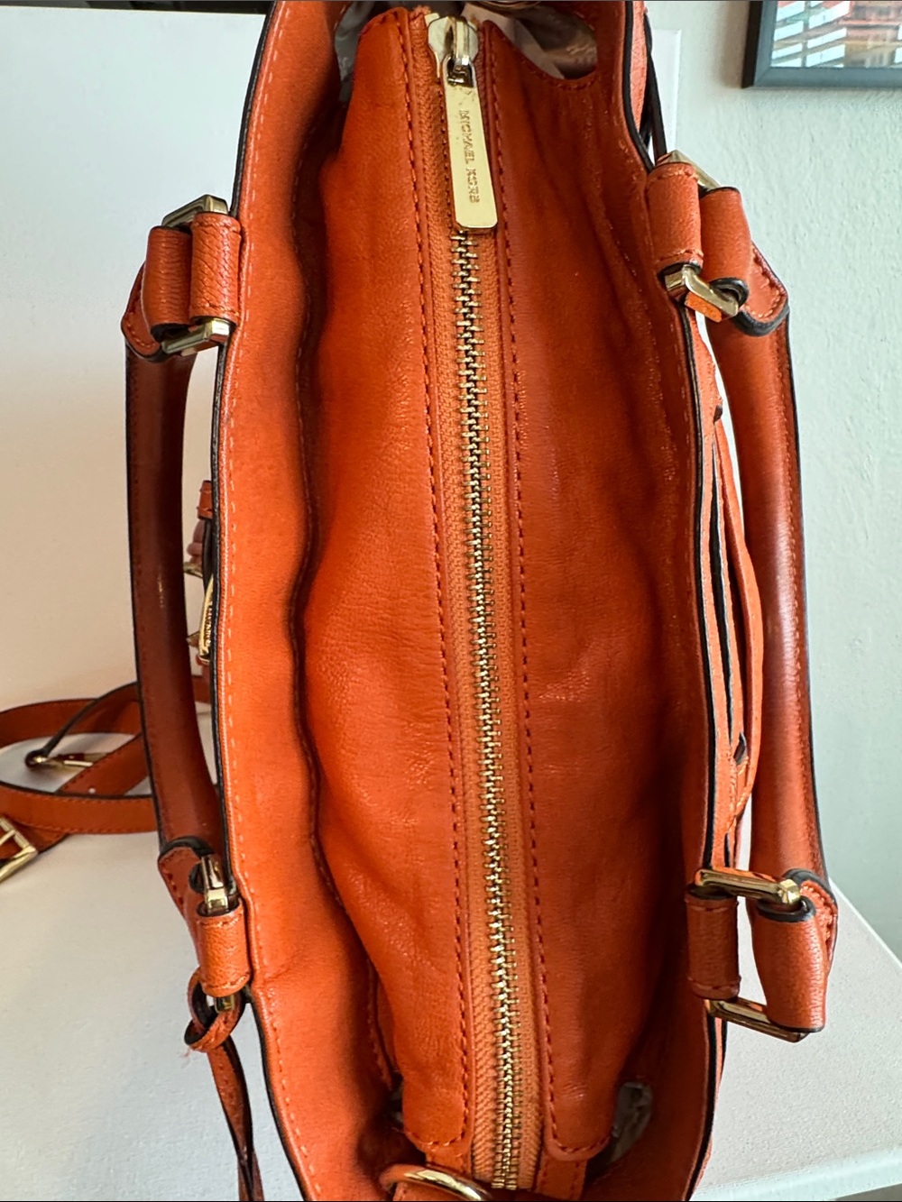 Michael Kors Kingsbury Orange Bucket Bag All Leather Tote - Picture 8 of 14